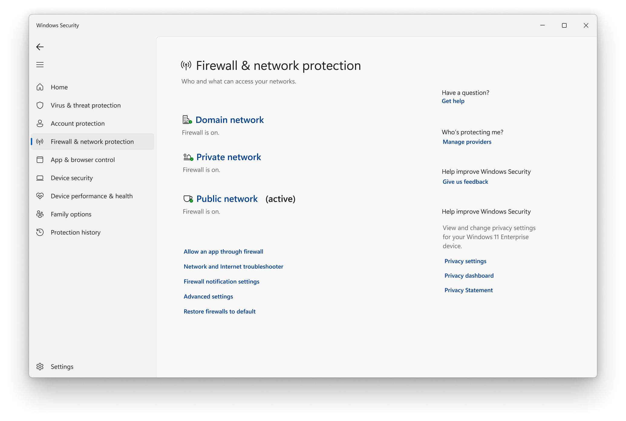 Screenshot showing the Windows Security app.