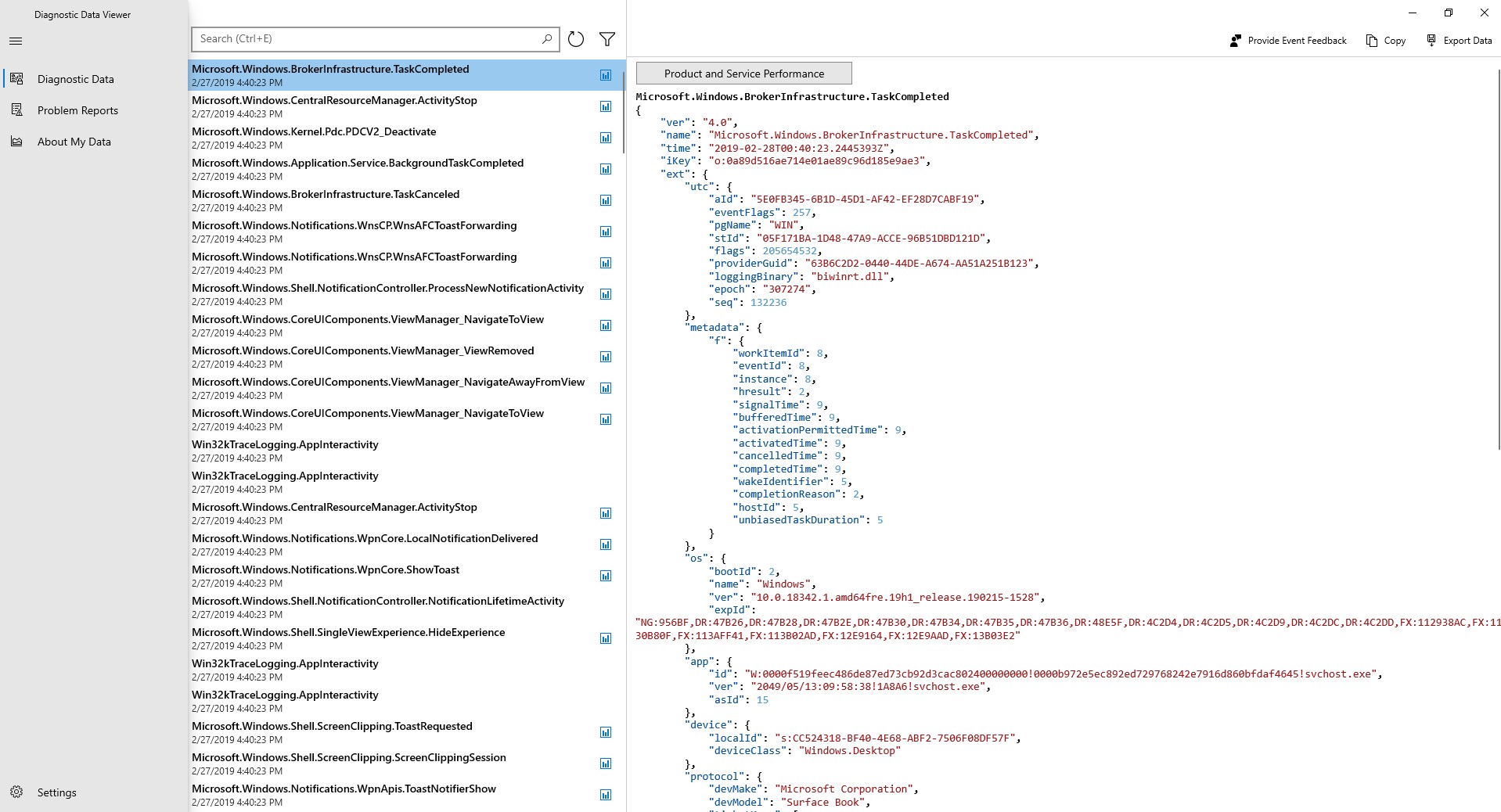 View your diagnostic events.