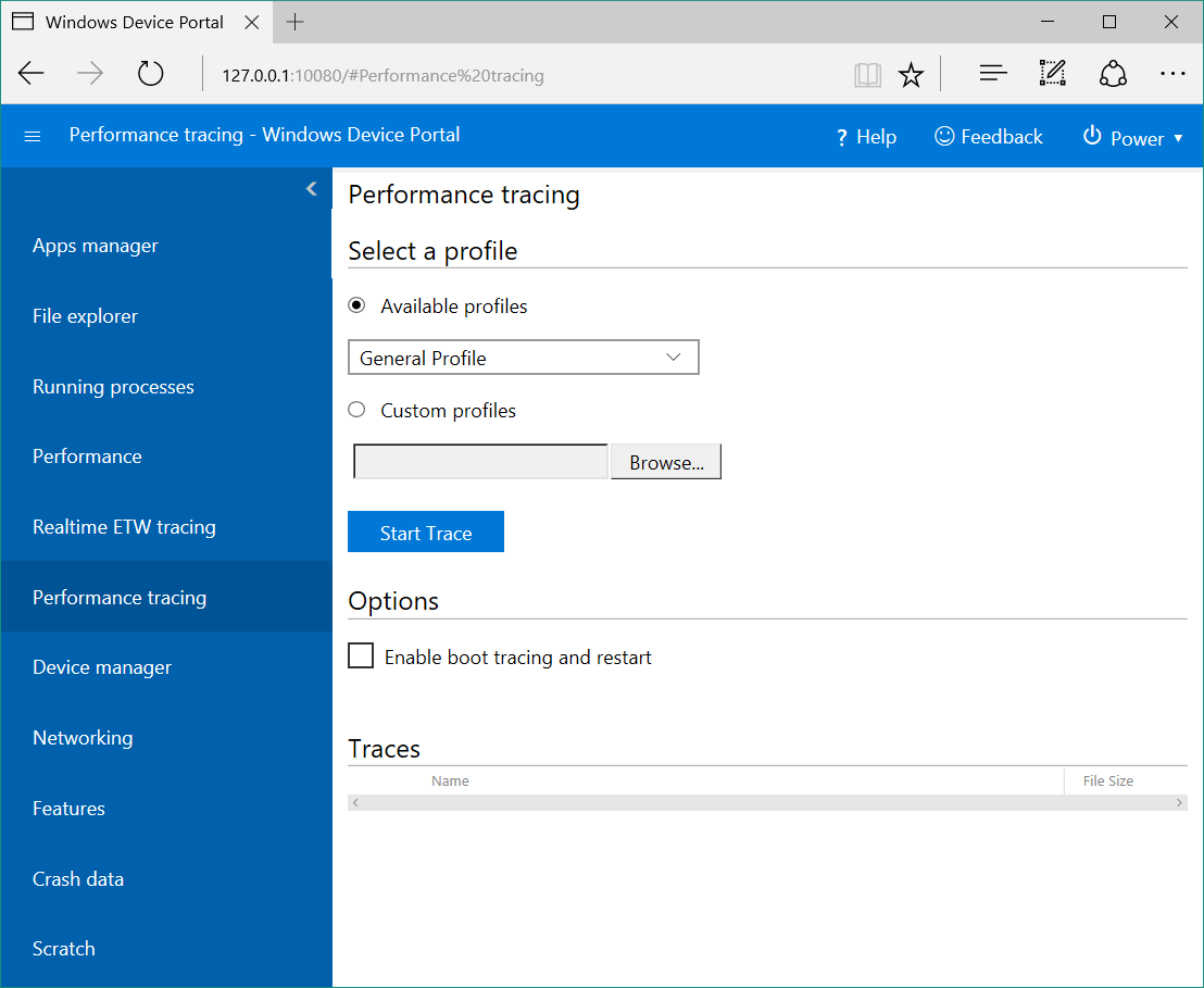 Device Portal performance tracing page