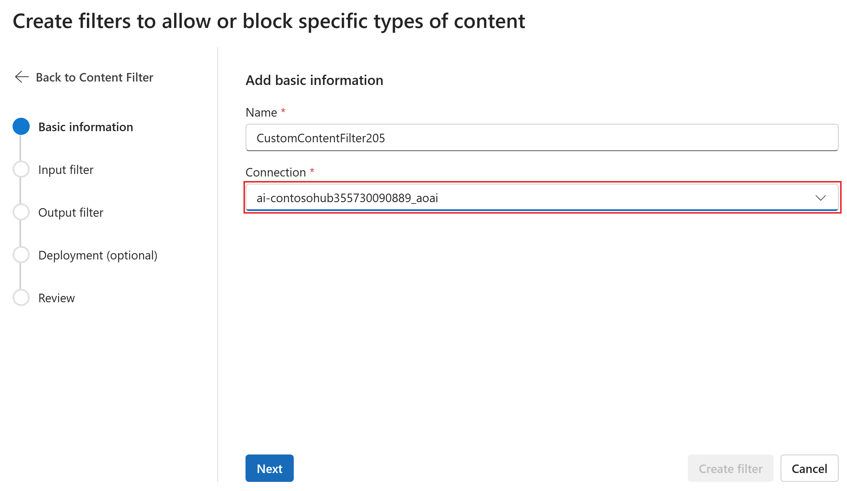 Captura de pantalla de la opción para seleccionar o escribir información básica, como el nombre del filtro al crear un filtro de contenido.