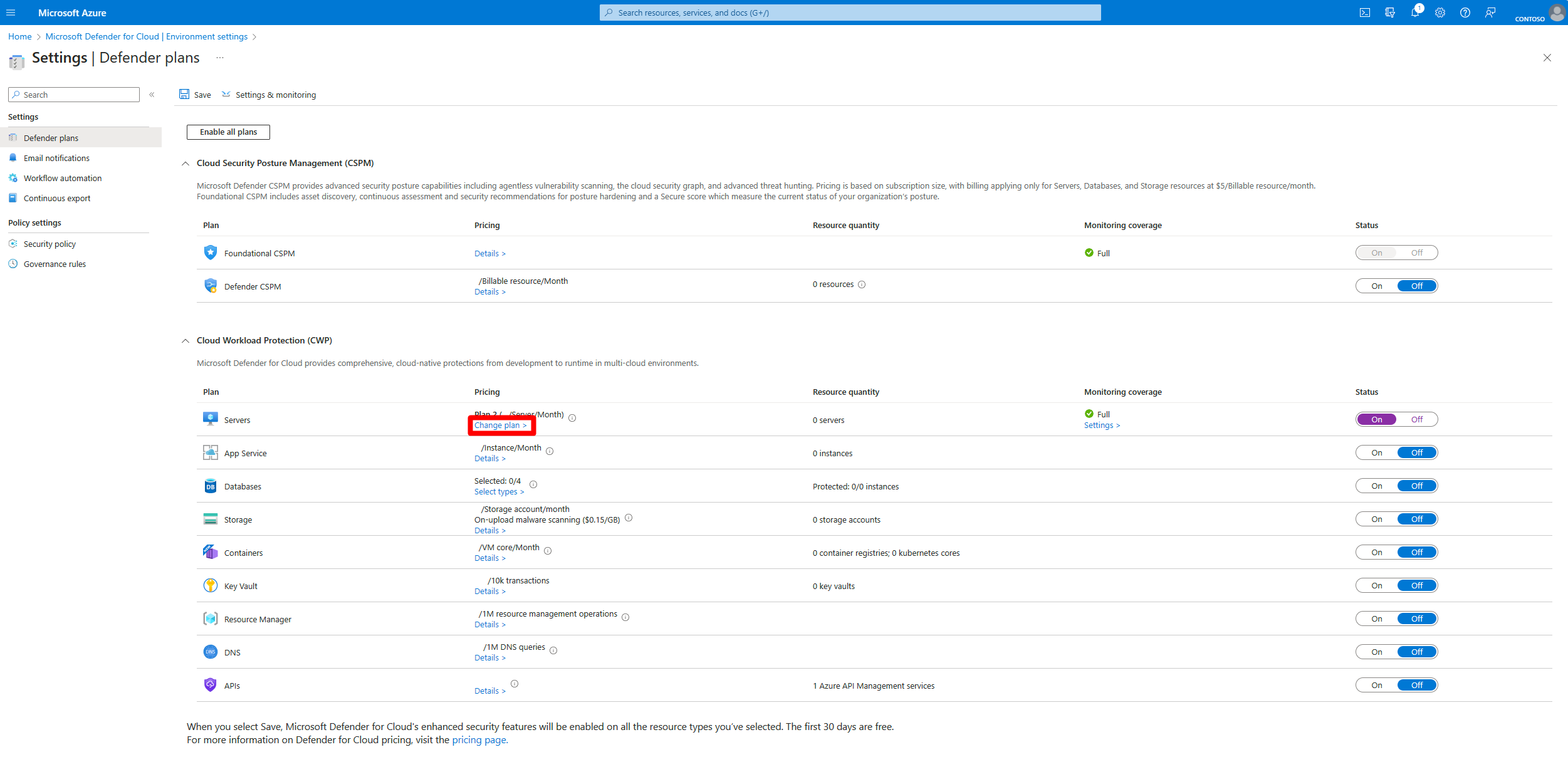 Captura de pantalla que muestra en qué parte de la página de Configuración del entorno se selecciona el cambio de plan.