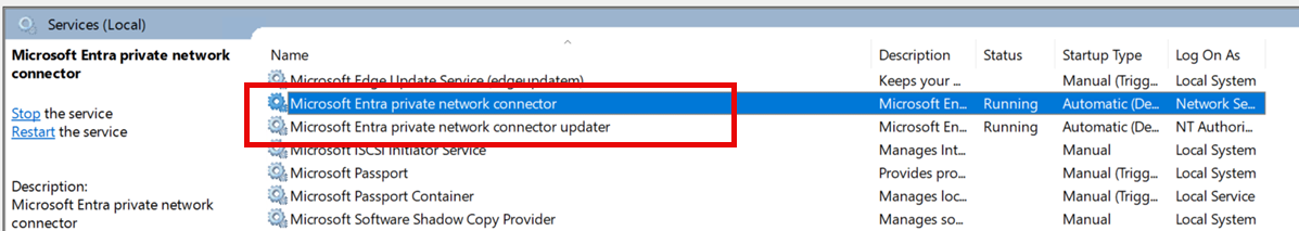 Captura de pantalla del conector de red privada y los servicios del actualizador de conectores en Services Manager de Windows.