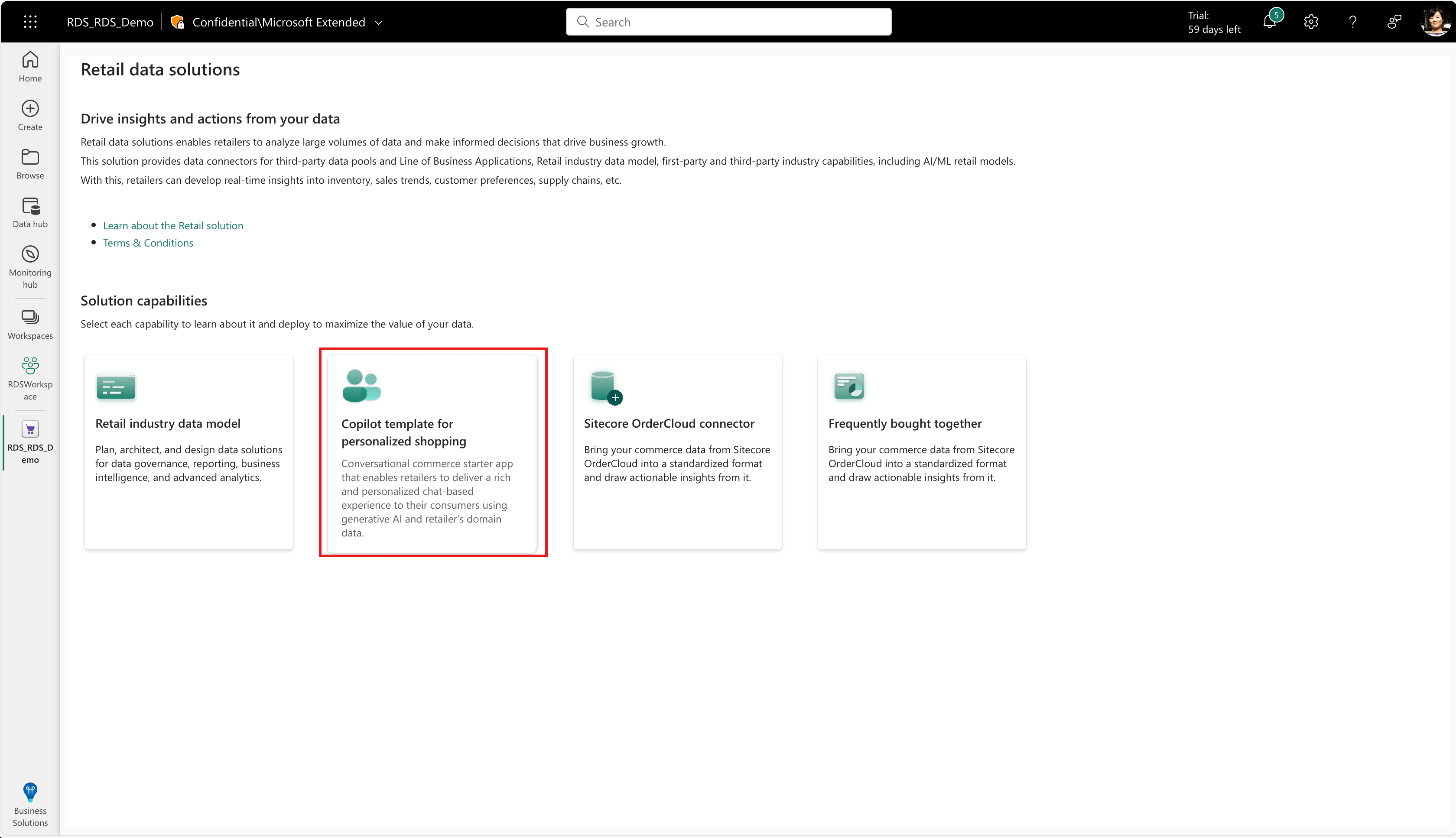 Captura de pantalla que muestra la página de inicio de las soluciones de datos de Retail con la plantilla de copiloto de compra personalizada seleccionada.