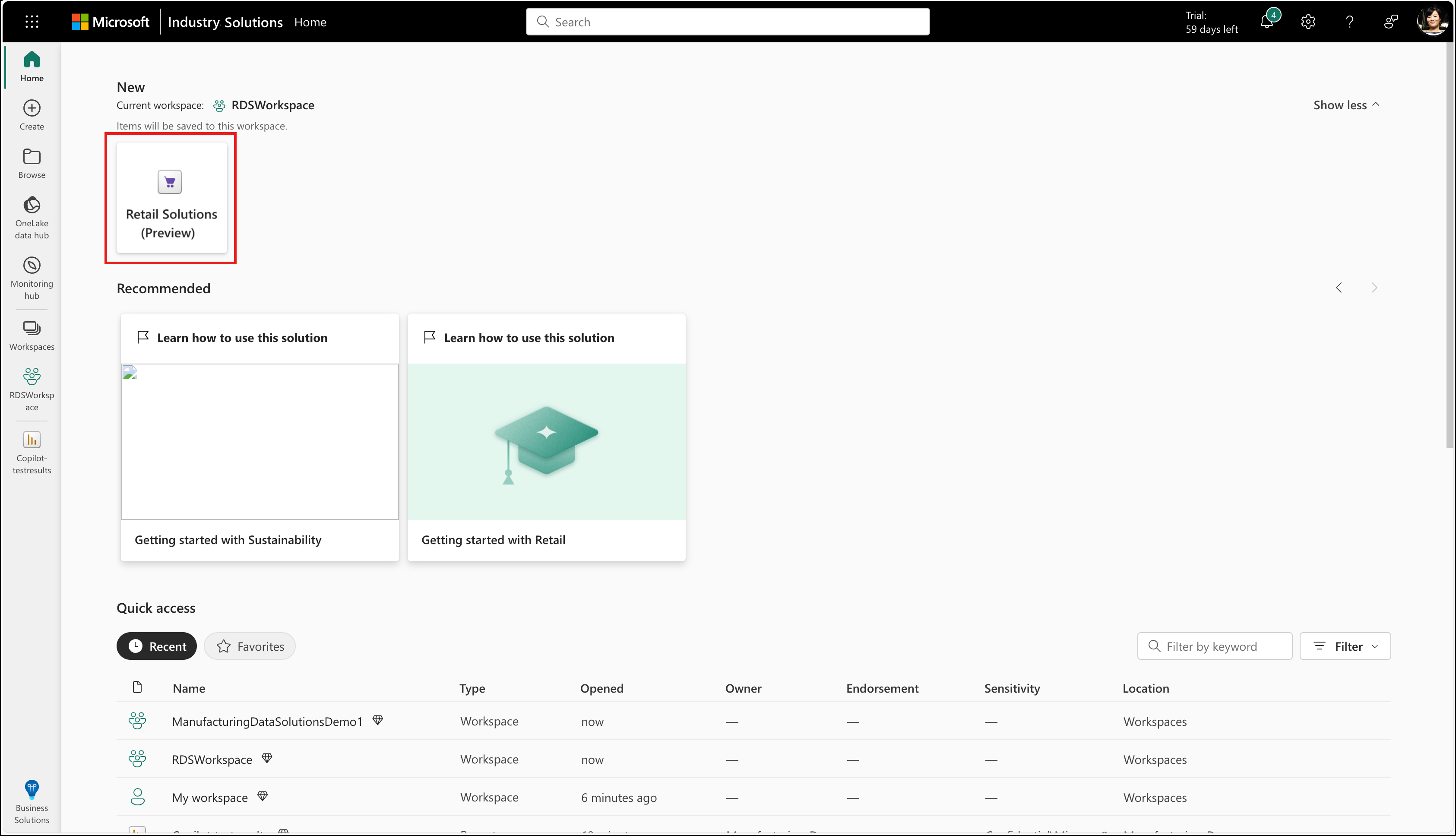 Captura de pantalla que muestra la página principal de las soluciones de datos del sector.