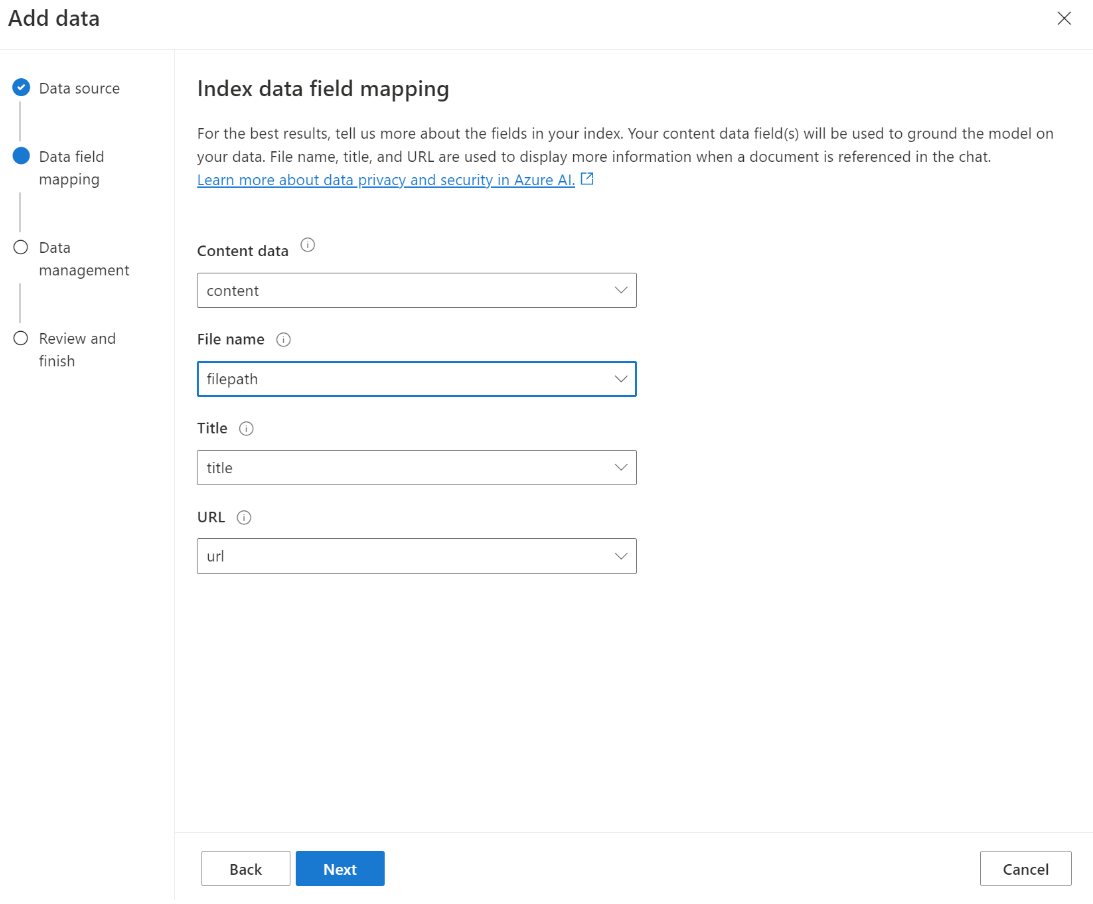 Capture d’écran des options de mappage des champs d’index dans Azure OpenAI Studio.