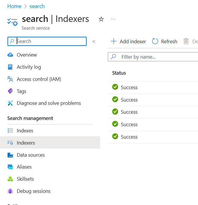 Capture d’écran de l’onglet des indexeurs dans le Portail Azure.