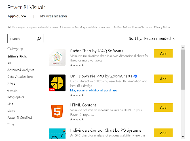 Capture d’écran montrant la liste des compléments AppSource dans Power BI.