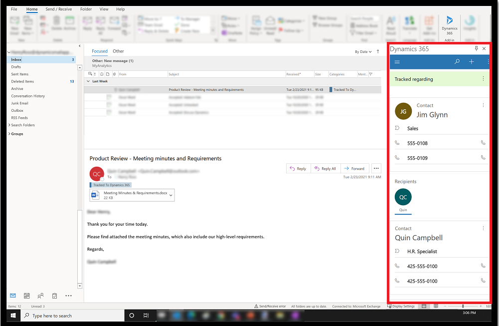 Dynamics 365 App for Outlook panel.