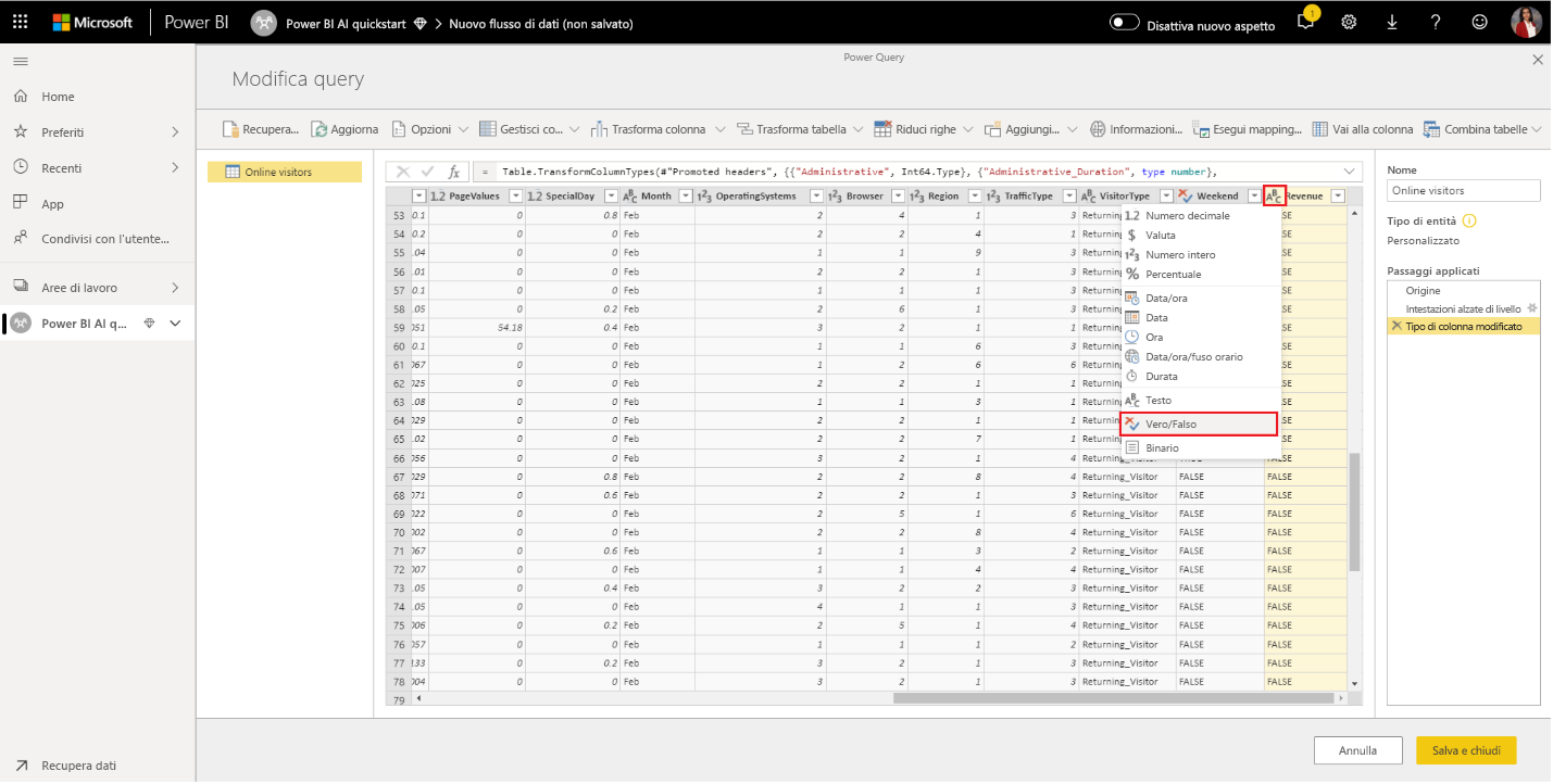 Screenshot della modifica del nome della query e del tipo di dati della colonna Revenue.