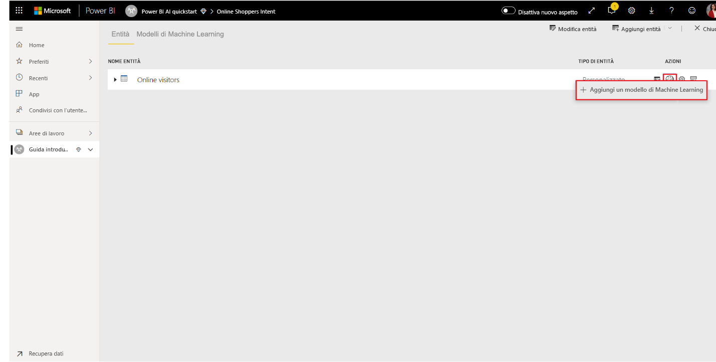 Screenshot che mostra l'aggiunta di un modello di Machine Learning.