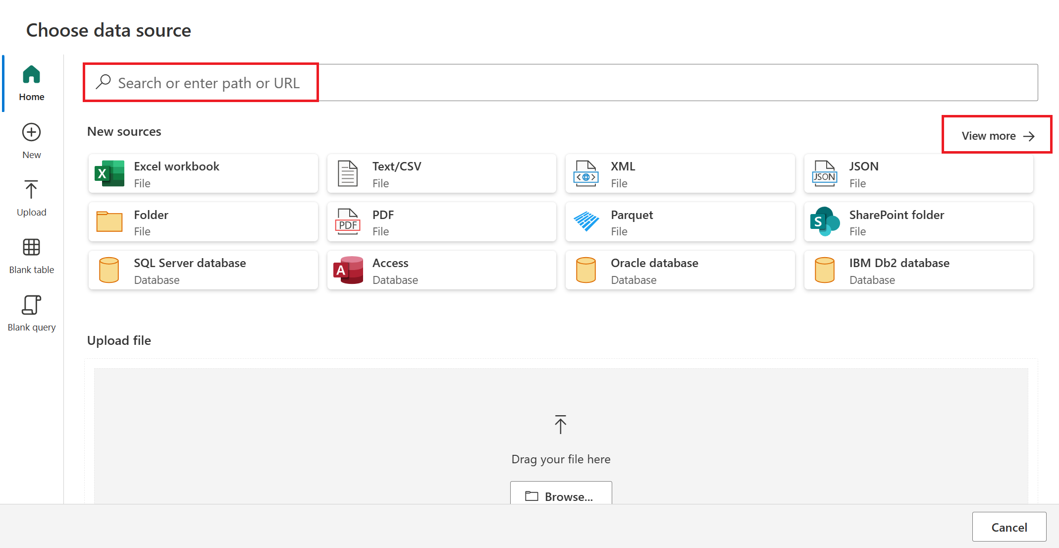 Screenshot della pagina Customer Insights Choose data source (Scegli origine dati) con la casella di ricerca e la visualizzazione più evidenziata.