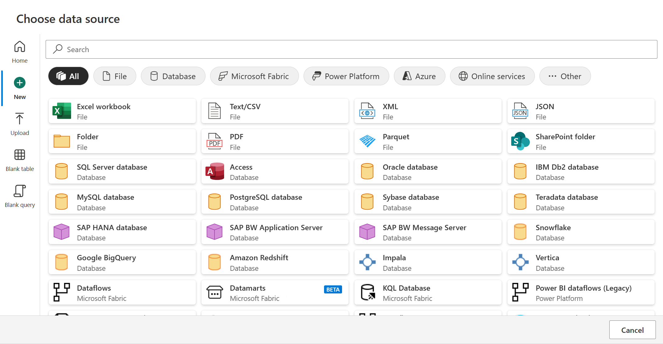 Screenshot della pagina Scelta origine dati di Customer Insights visualizzata dopo aver selezionato altre visualizzazioni, incluse le categorie nella parte superiore e quindi l'elenco dei connettori.