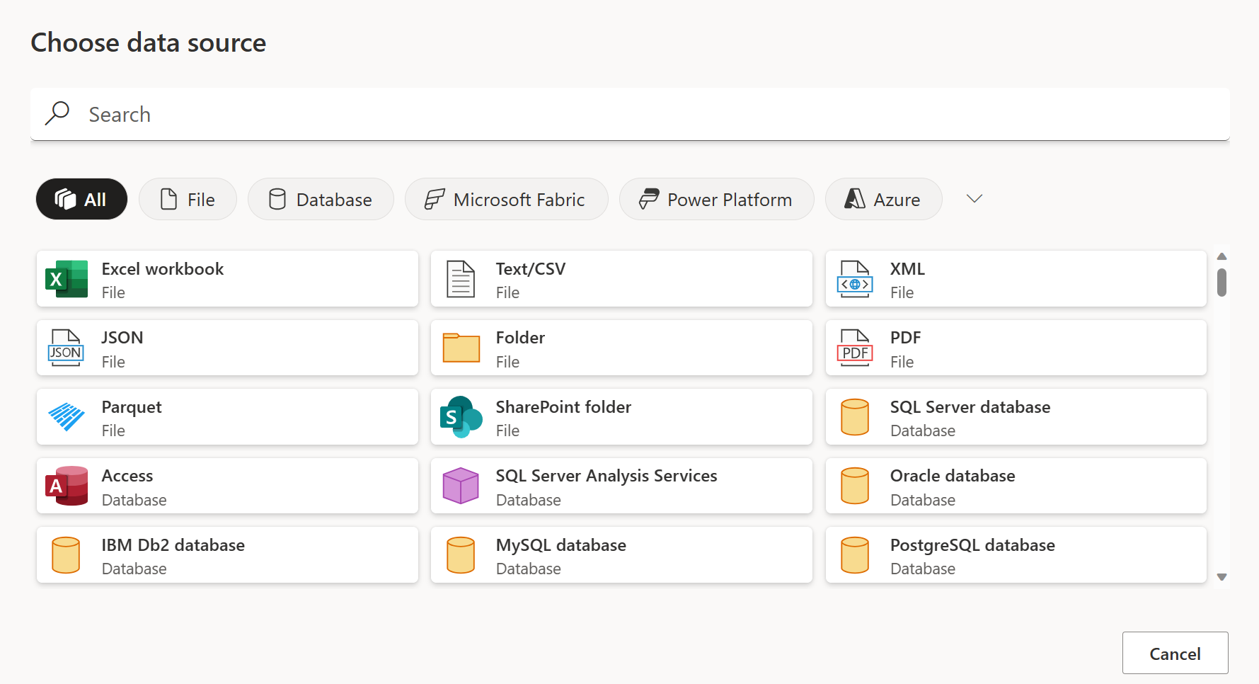 Screenshot della pagina Scelta origine dati di Data Factory visualizzata dopo aver selezionato altre visualizzazioni, incluse le categorie nella parte superiore e quindi l'elenco dei connettori.