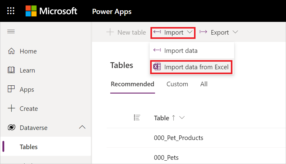 Immagine con tabelle dataverse aperte, il menu di scelta rapida di importazione aperto, con l'opzione Importa dati da Excel evidenziata.