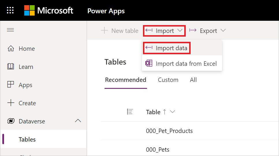 Screenshot con tabelle di Dataverse aperte, il menu di scelta rapida di importazione aperto, con l'opzione importa dati evidenziata.