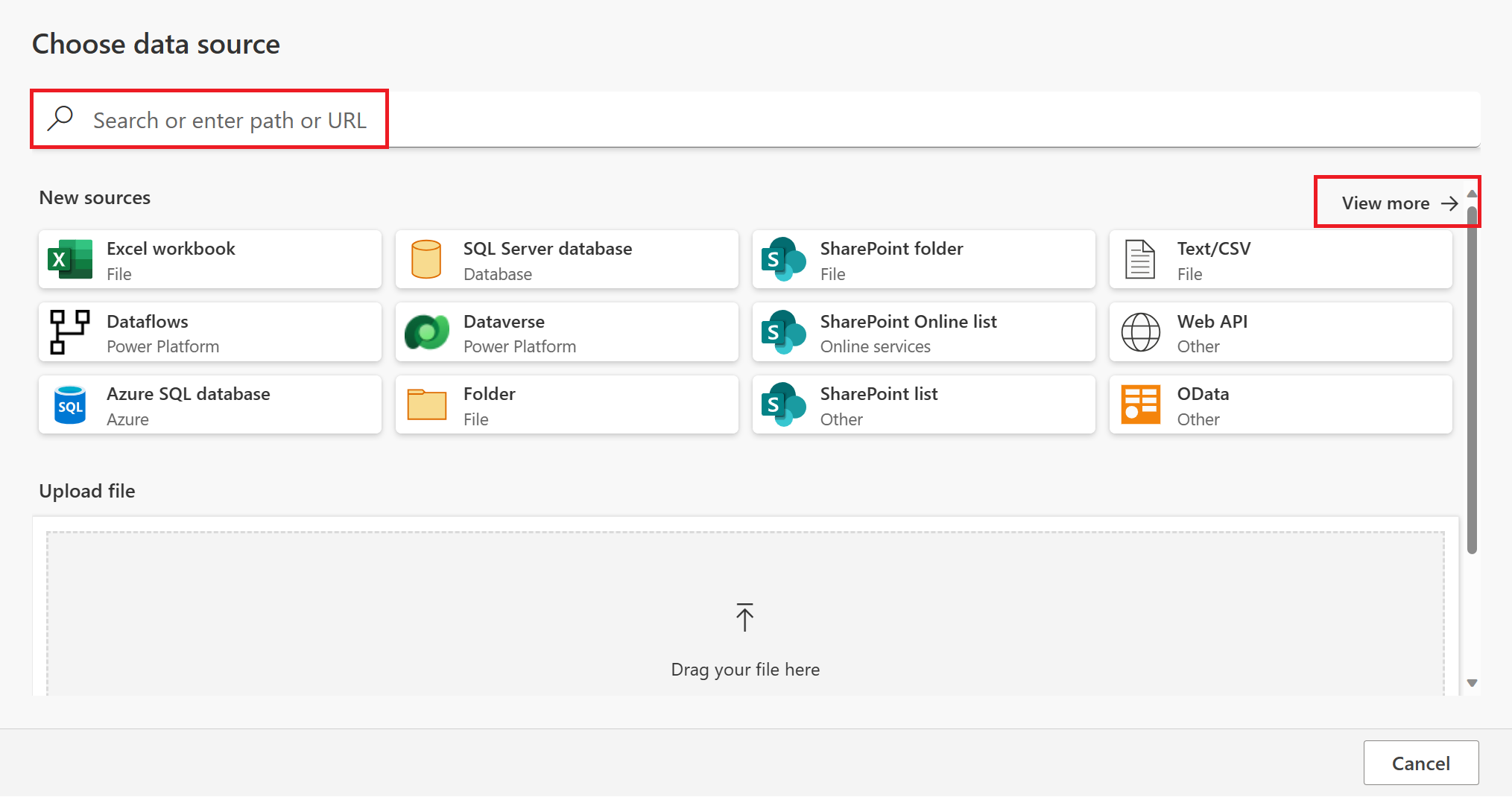 Screenshot della pagina Scegli origine dati di Power Apps con la casella di ricerca e la visualizzazione più evidenziata.