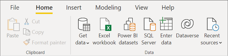 Screenshot del campo Dati nella barra multifunzione Home di Power BI Desktop.