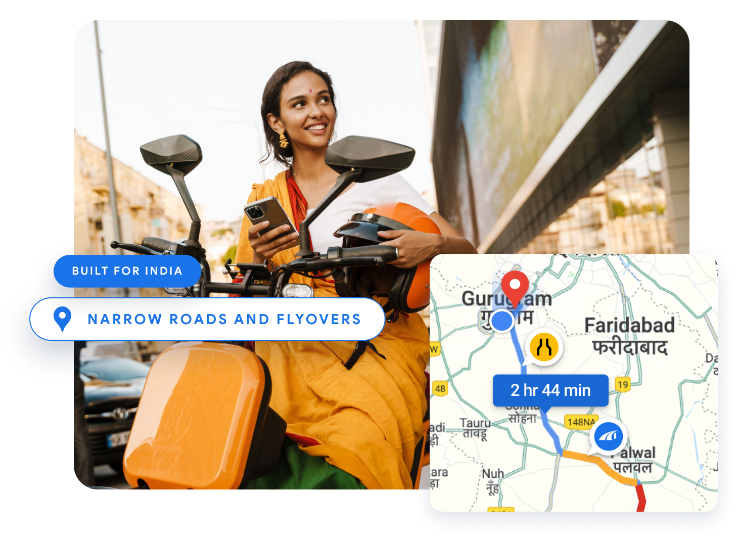 A woman on a scooter in India with the words Narrow roads and flyovers