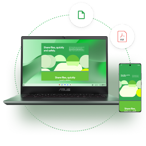 A laptop with a “Share files, quickly and safely” screen is connected by a dotted line to a phone displaying a matching screen. Floating document icons indicate file sharing.