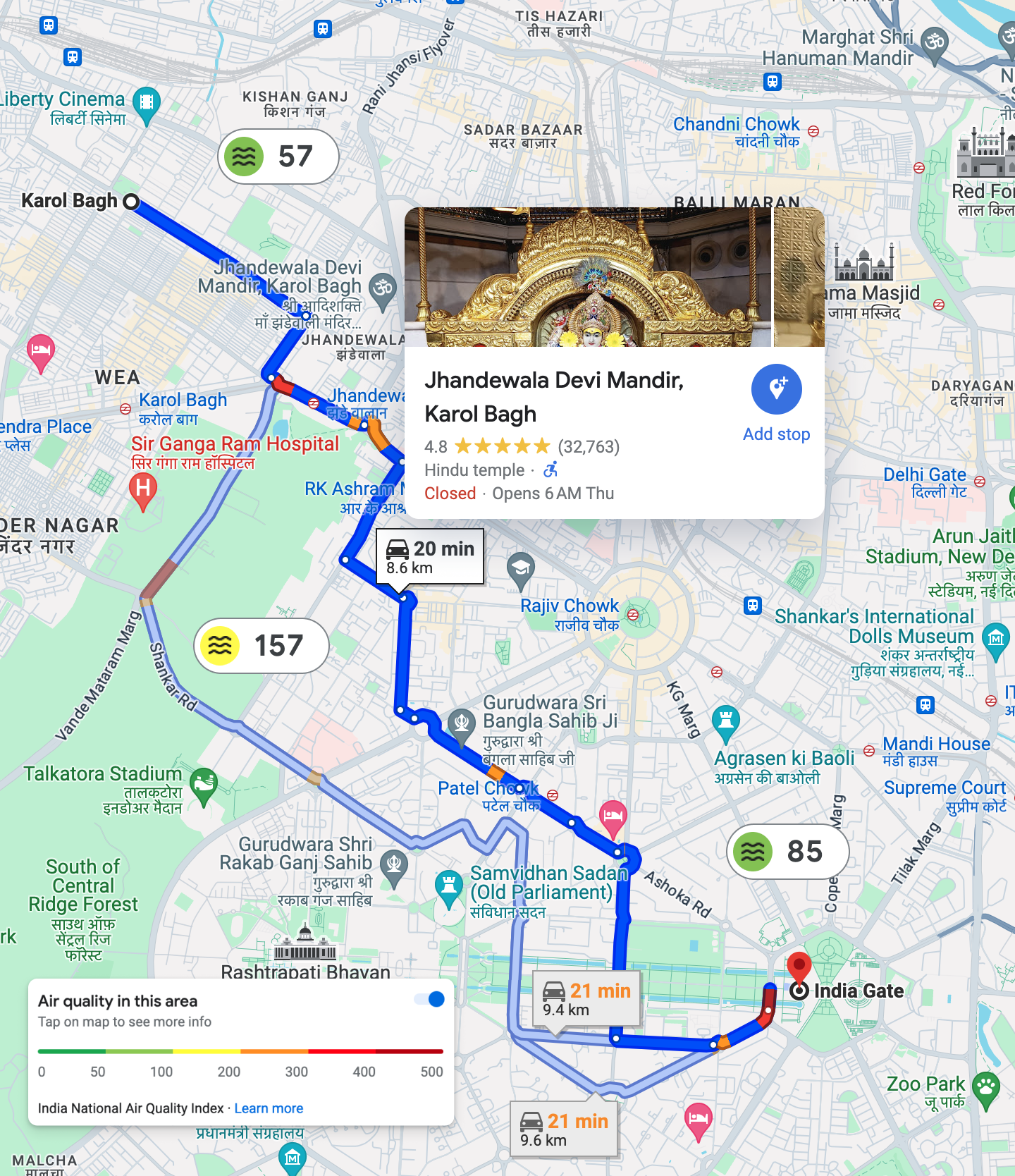 Map of a city in India featuring Google Maps products including Routes, Place Details, and Air Quality