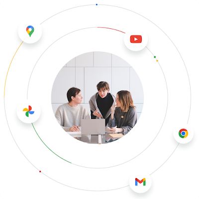 Трима души работят заедно на лаптоп, заобиколен от логотипи на продукти на Google, за да покажат екосистемата на Google.