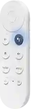 A white Google TV remote. The Google Assistant button is highlighted.