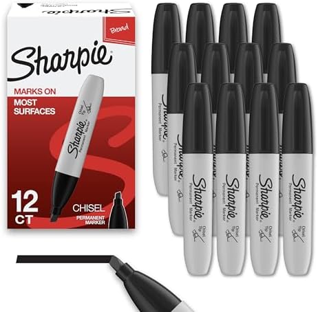 Sharpie Permanent Markers, Chisel Tip Marker Set, Poster Markers, Markers For Wood, Plastic, And More, Black, 12 Count