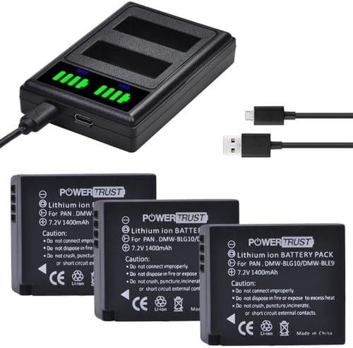 PowerTrust 3-Pack DMW-BLG10 DMW-BLE9 Replacement Battery and Dual USB Charger for Panasonic DMW-BLE9, DMW-BLG10 and Panasonic Lumix DMC-GF3, DMC-GF5, DMC-GF6, DMC-GX7, DMC-GX85, DMC-LX100, DMC-ZS60