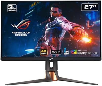 ASUS ROG Swift 27” 4K Gaming Monitor (PG27UQR) - UHD (3840 x2160), Fast IPS, 160Hz (Above 144Hz), 1ms, FreeSync Premium Pro, Variable Overdrive, DisplayPort, HDMI, DisplayHDR 600, 96% DCI-P3,BLACK