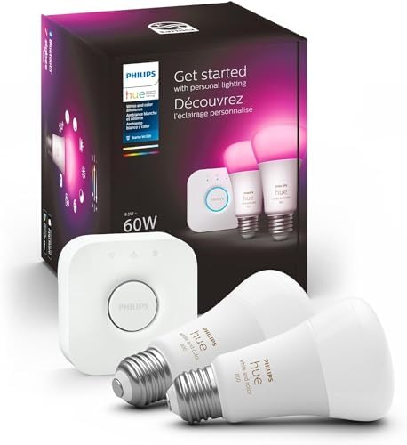 Philips Hue Smart Light Starter Kit - Includes (1) Bridge and (2) 60W A19 LED Bulb, White and Color Ambiance Color-Changing Light, 800LM, E26 - Control with App or Voice Assistant