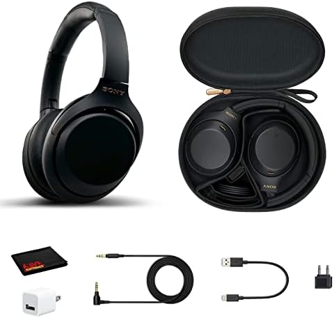 Sony WH-1000XM4 Wireless Noise Canceling Overhead Headphones with Mic for Phone-Call, Voice Control, Black, with USB Wall Adapter and Microfiber Cleaning Cloth - Bundle