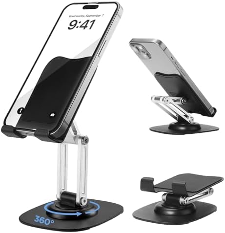 TRACE KASA Adjustable Cell Phone Stand for Desk: 360° Rotating Adjustable Angle Height Foldable Phone Holder with Anti-Slip Base for Office, Compatible with iPhone 15 14 13 Pro Max XS 8 iPad, Black