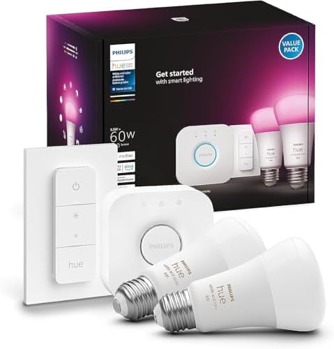 Philips Hue Smart Light Starter Kit - Includes (1) Bridge, (1) Dimmer Switch and (2) 60W A19 LED Bulb, White and Color Ambiance Color-Changing Light, 800LM, E26 - Control with App or Voice Assistant