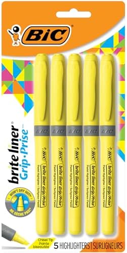 BIC Brite Liner Grip Highlighter, Chisel Tip, Yellow, 5-Count (GBLP51-Ylw)