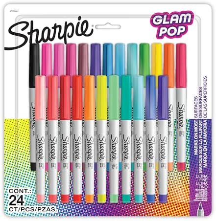 Sharpie Glam Pop Permanent Markers, Ultra Fine Tip Marker Set, Coloring Markers, Art Markers, Drawing Markers, Writing Markers, Resilient Ink, Assorted Colors, 24 Count