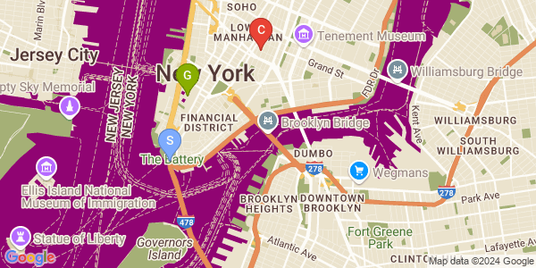 A map centered on the Brooklyn Bridge in New York City, NY, US with map controls in the lower right corner. The map displays custom styling on the roads, water, and land.