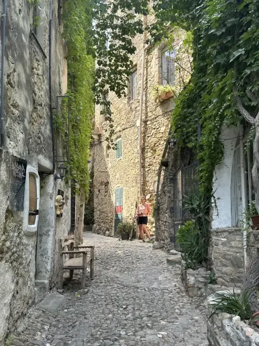 One of the small alleys with plants hanging from the walls