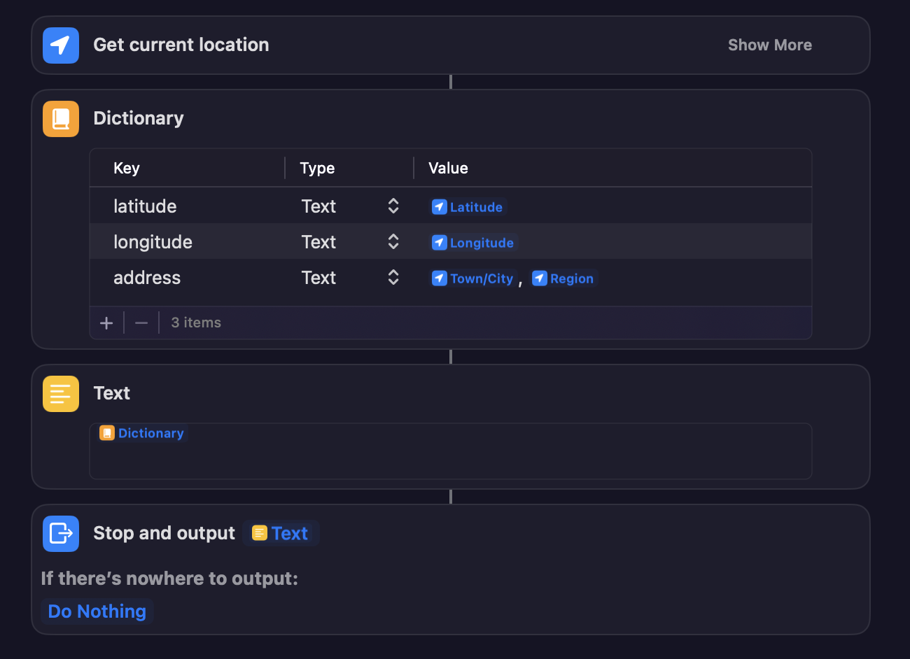 A screenshot of a simple macOS shortcut to “Get current location”, apply some select fields into a “Dictionary” and output that dictionary as text.