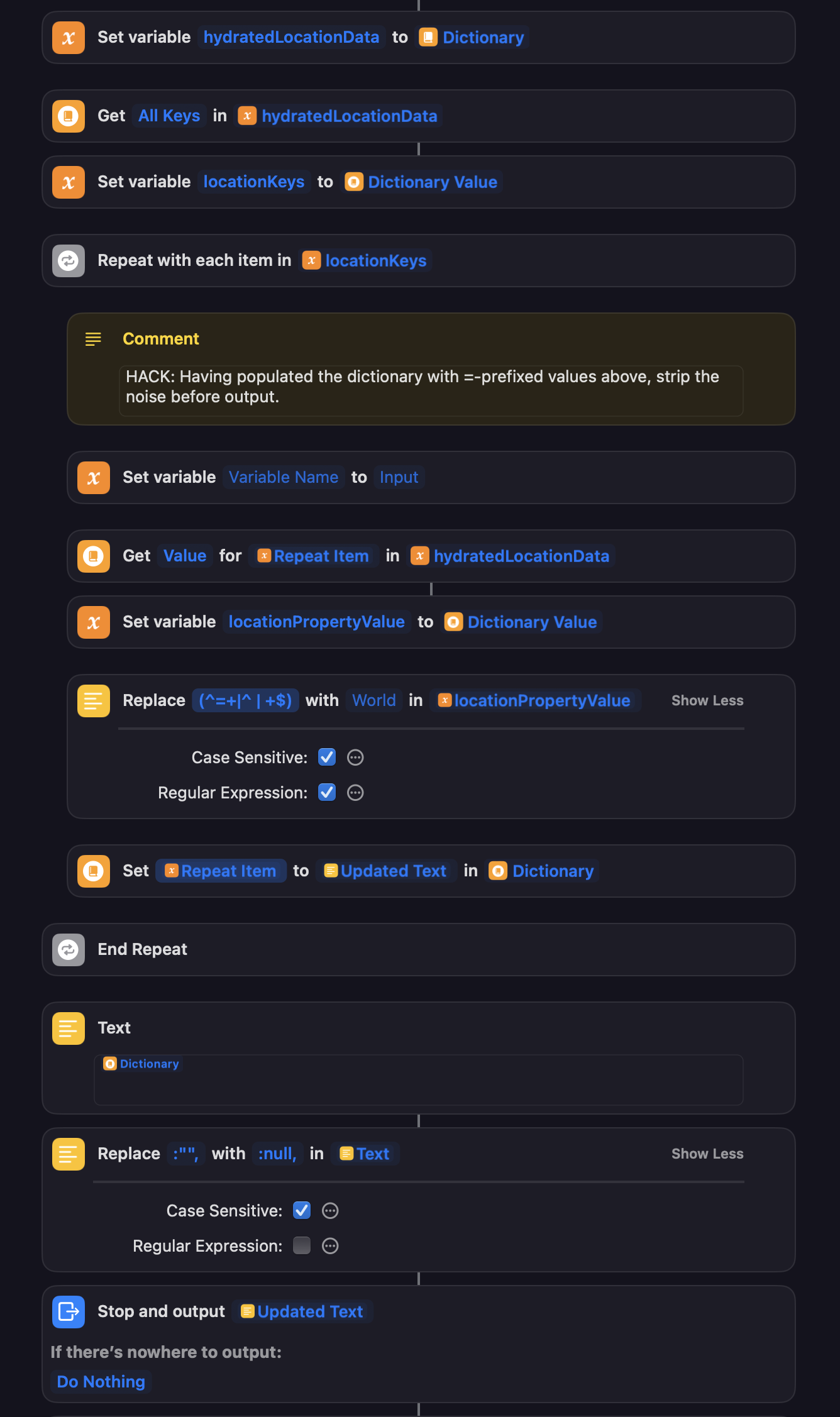 A larger screenshot of a the more complex macOS shortcut steps eventually employed to output nicely massaged location data.