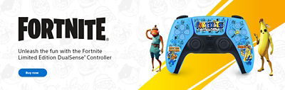 alt="Fortnite®. Unleash the fun with the Fortnite Limited Edition DualSense® Controller. Available Now"