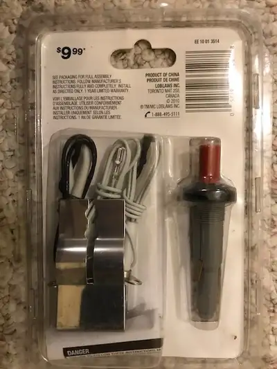 Brand new unopened package. Made of plastic, steel, and ceramic. Includes electrode for main burner...