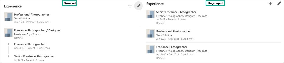 Example of grouped and ungrouped position on your profile