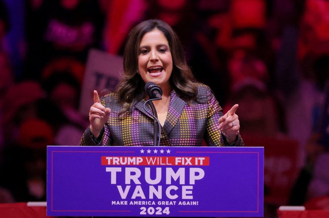 Rep. Elise Stefanik speaks at an Oct. 27, 2024, rally for Donald Trump in New York City