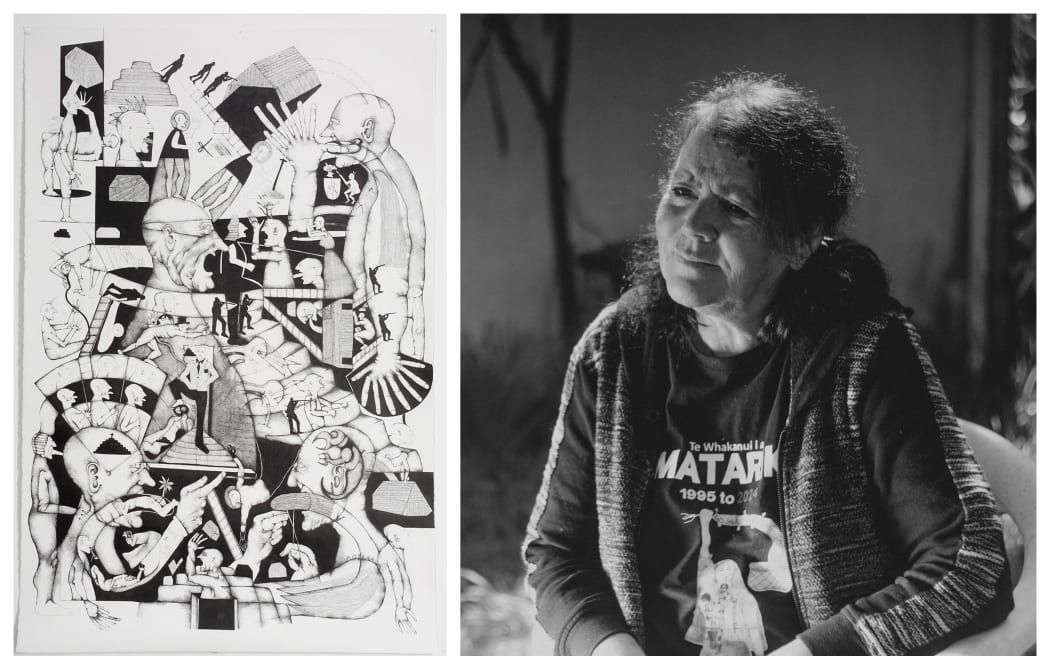 Artist and activist Diane prince sitting next to one of her illustrations.