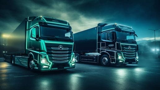 two neon-lit trucks at night