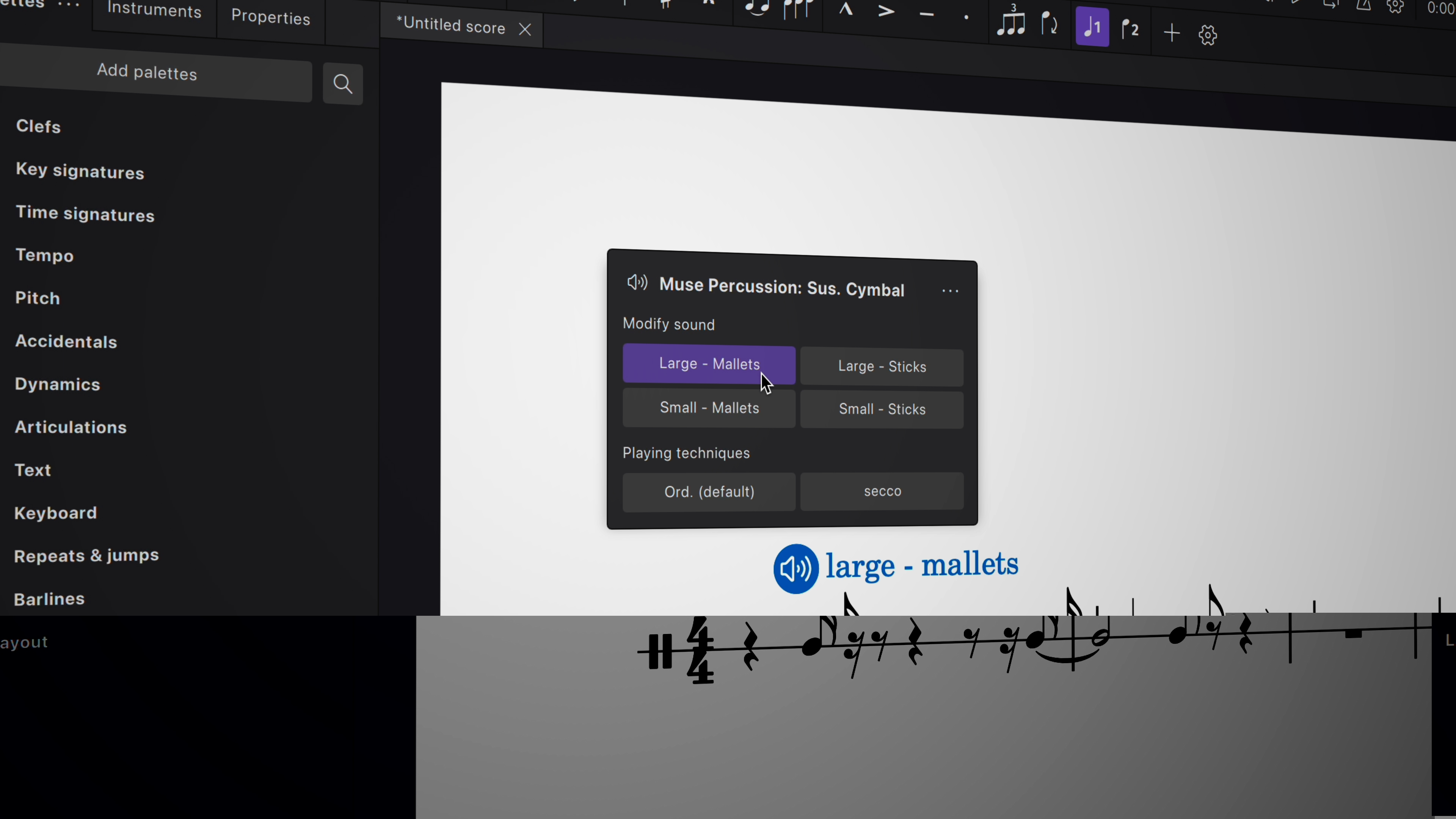 Image of new sound flags popup in MuseScore Studio 4.3