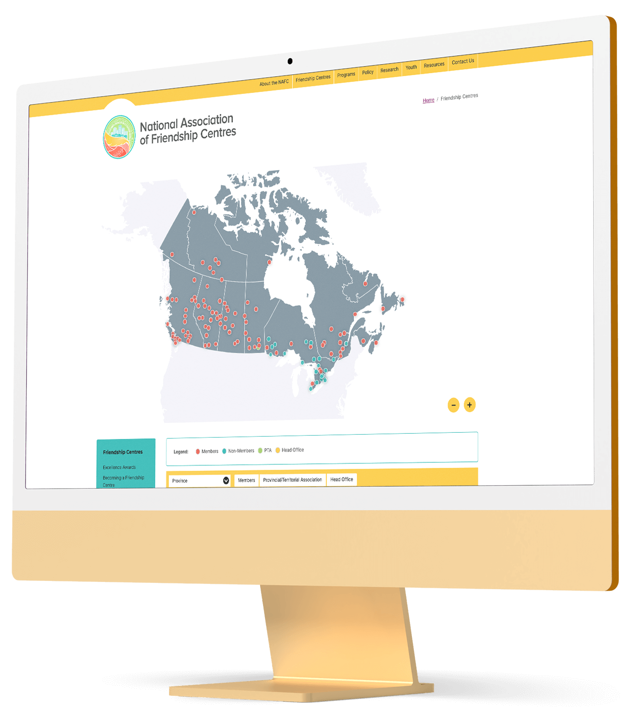 computer monitor with screenshot of friendship centre map