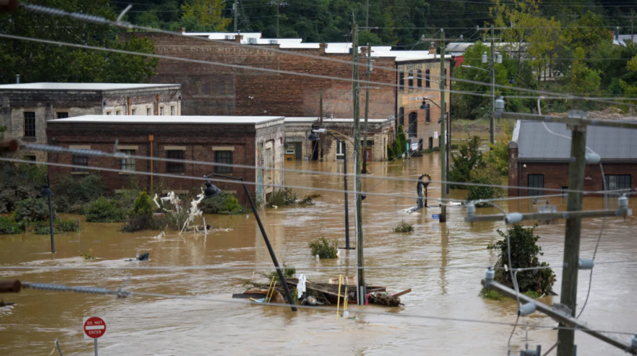 Flood waters around buildings in Asheville, North Carolina.