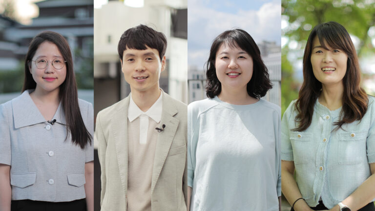 a composite image of profile photos of four three women and a man looking at the camera.