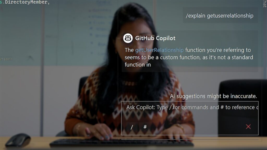 Kajal Shegle senior engineer on her device with GitHub Copilot text overlay